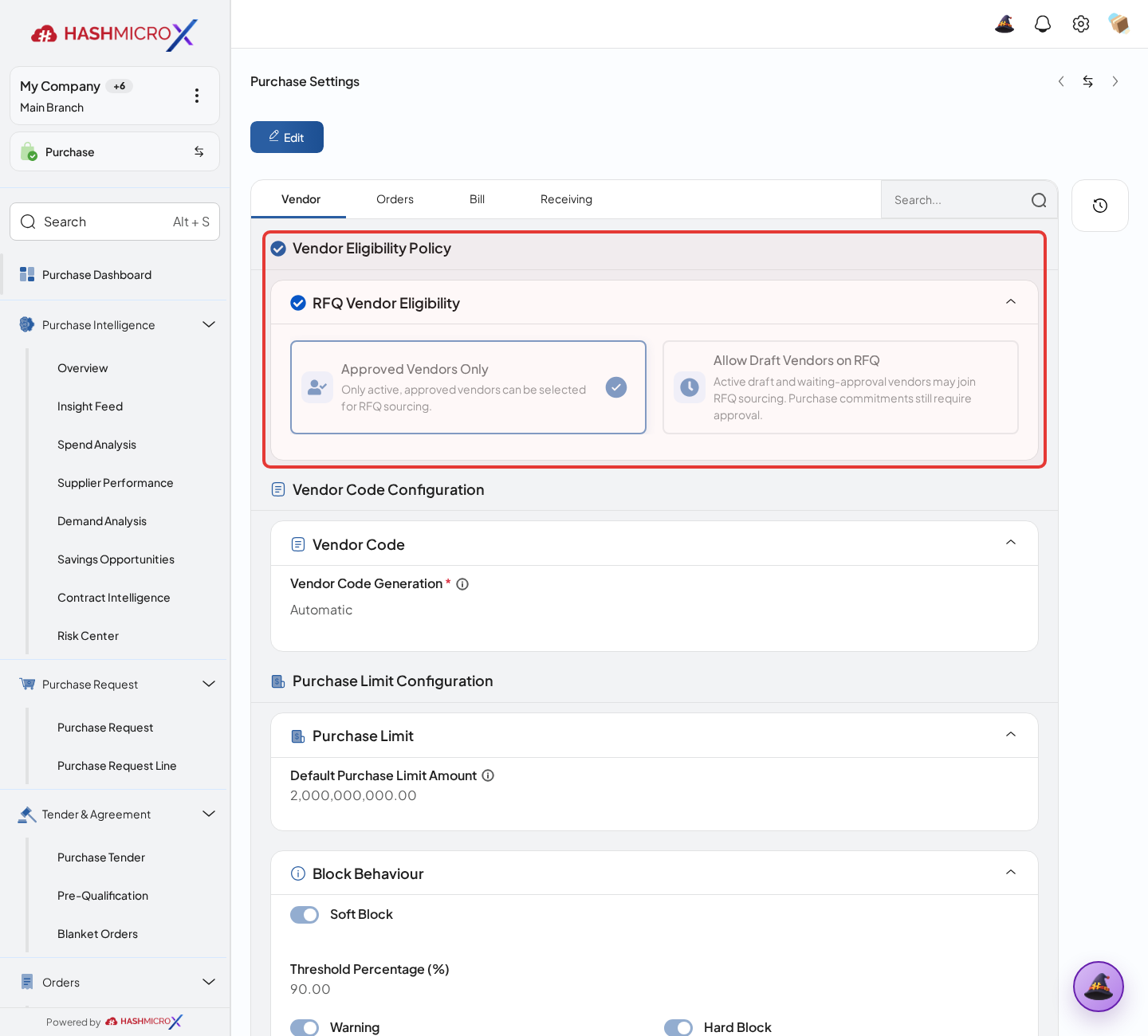 Figure 1.1.1 — HMX Main: Purchase Settings general view with Vendor Eligibility Policy framed in red