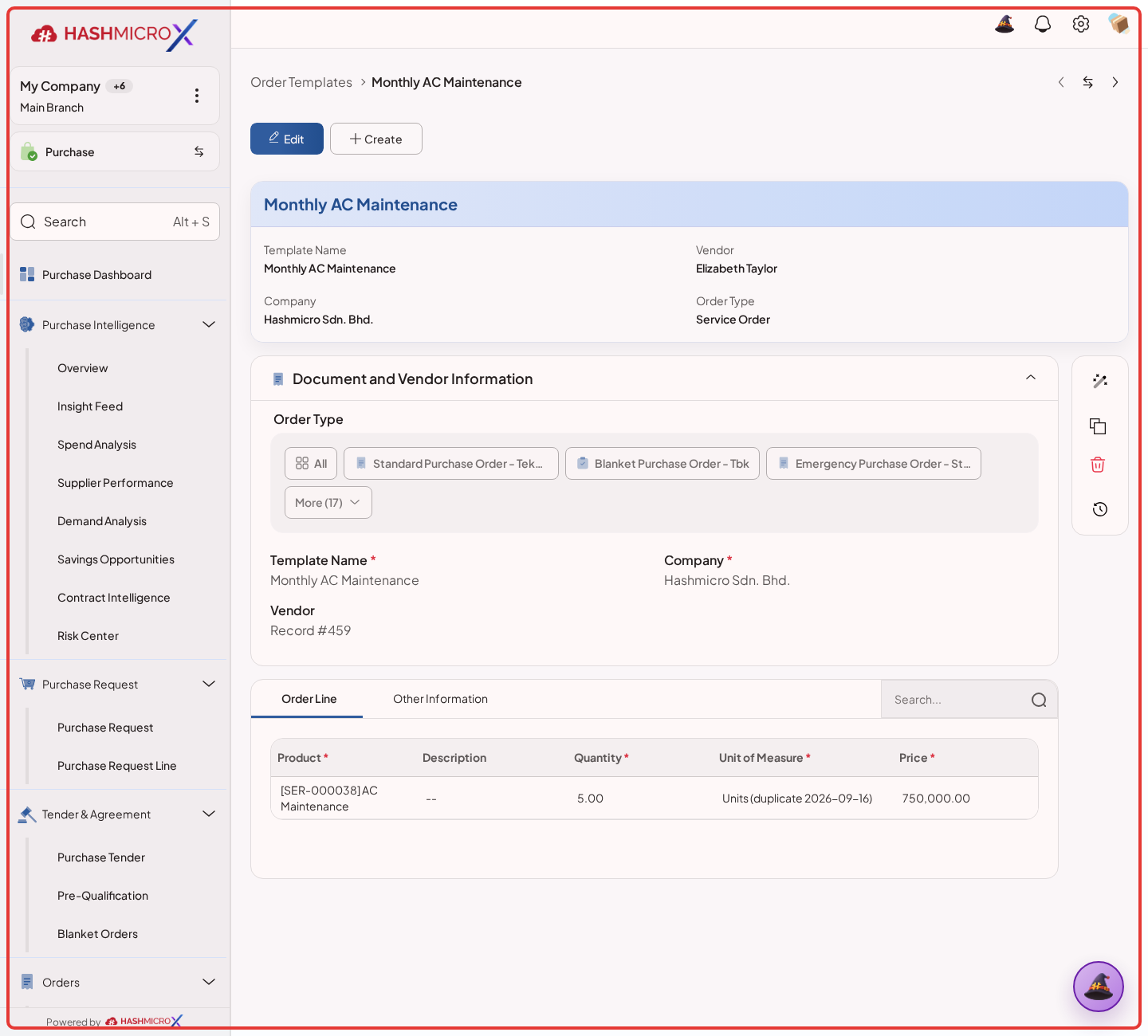 Figure 1.3.5 — HMX Main: Saved Order Template record view framed in red