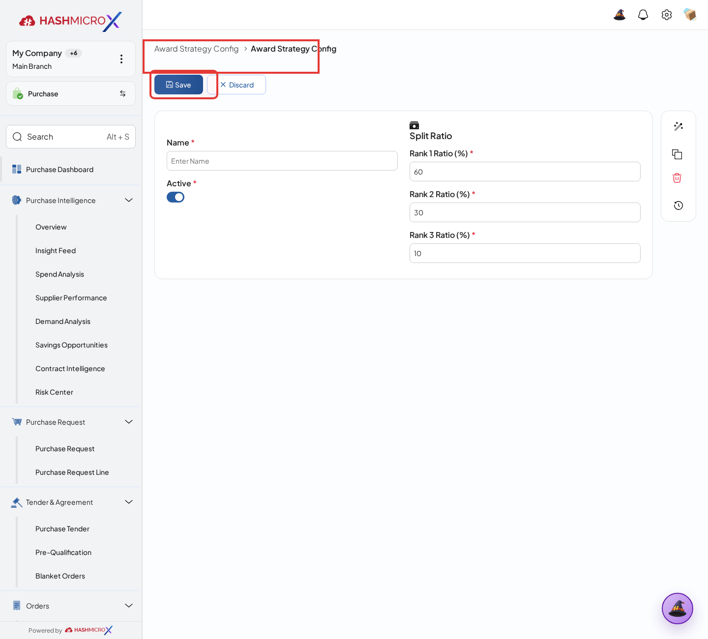 Figure 1.4.4 — HMX Main: Award Strategy action header and Save button framed in red
