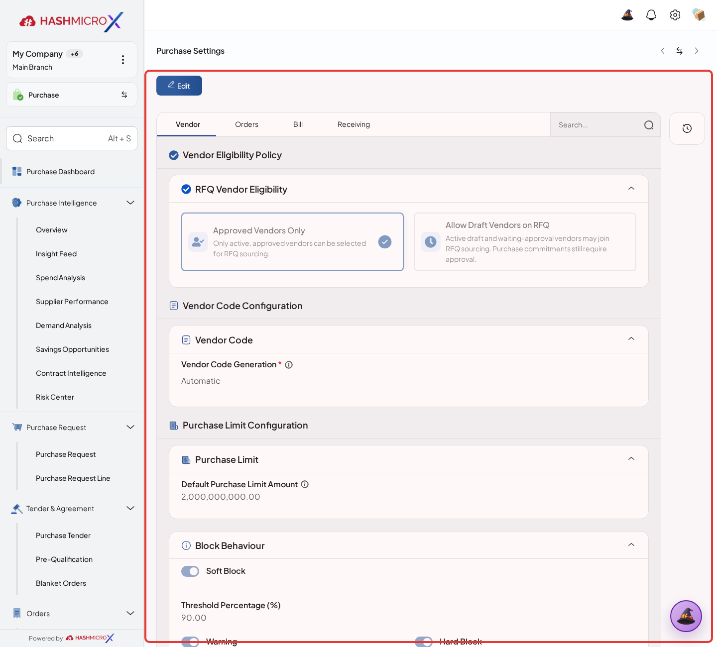 Figure 1.5.1 — HMX Main: Purchase Settings general approval governance reference framed in red