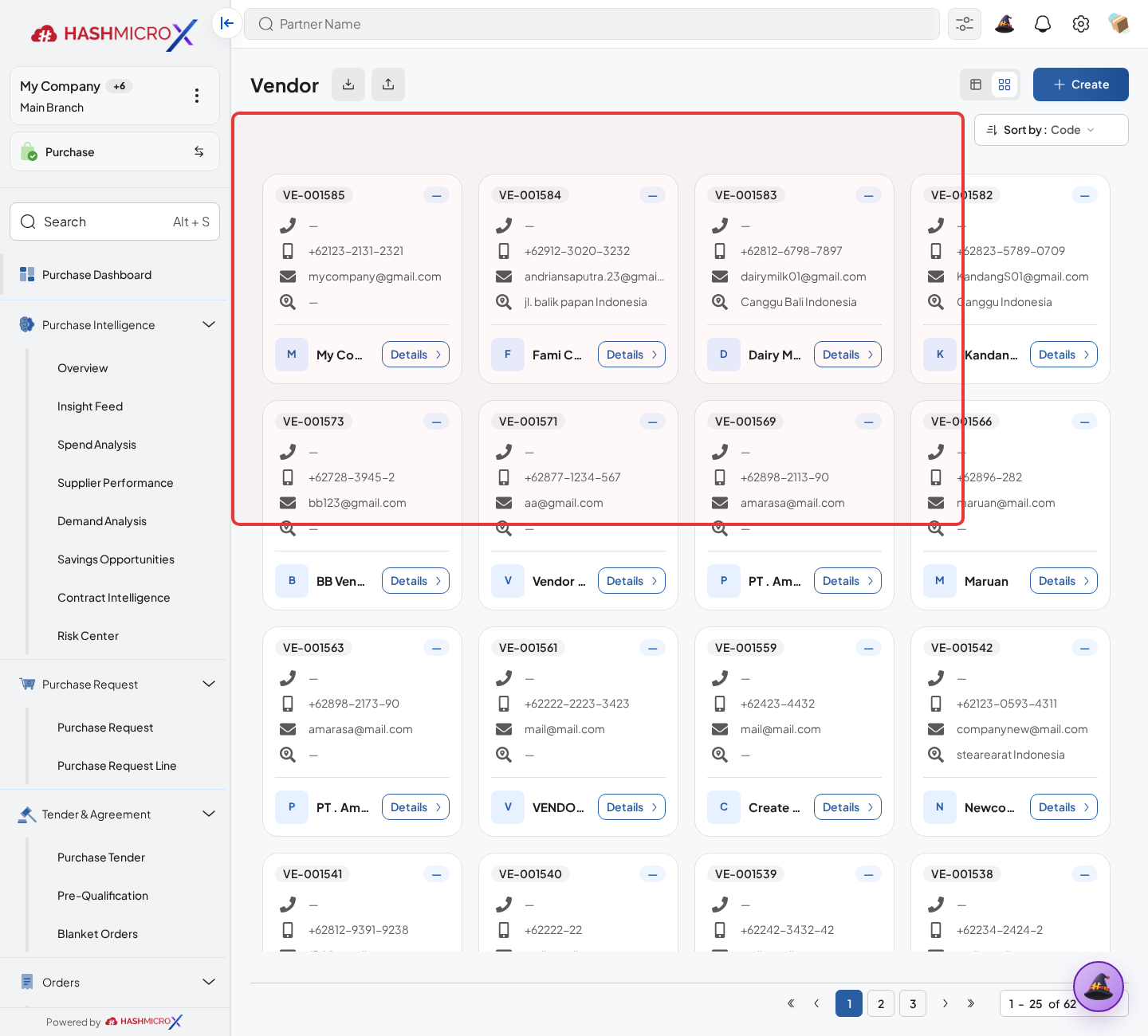 Figure 2.1.1 — HMX Main: Vendors master directory kanban and create action framed in red