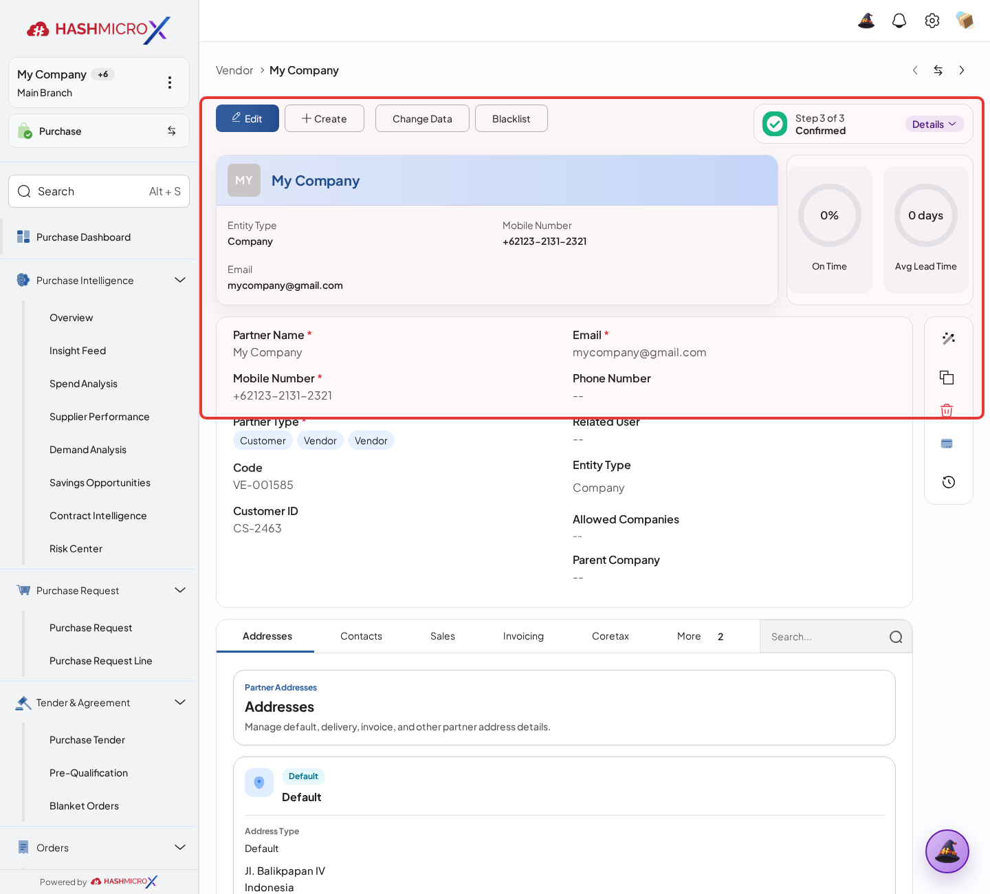 Figure 2.1.2 — HMX Main: Vendor identity, contact details, and generated Vendor Code framed in red
