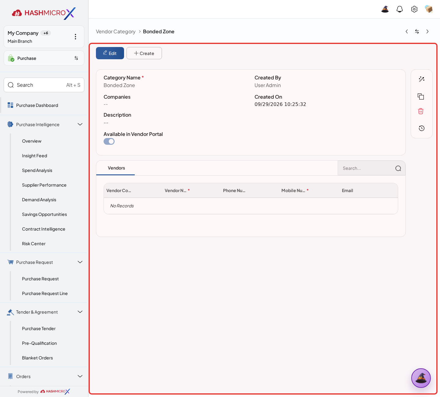 Figure 2.2.2 — HMX Main: Vendor Category form sheet and assigned vendors tab framed in red