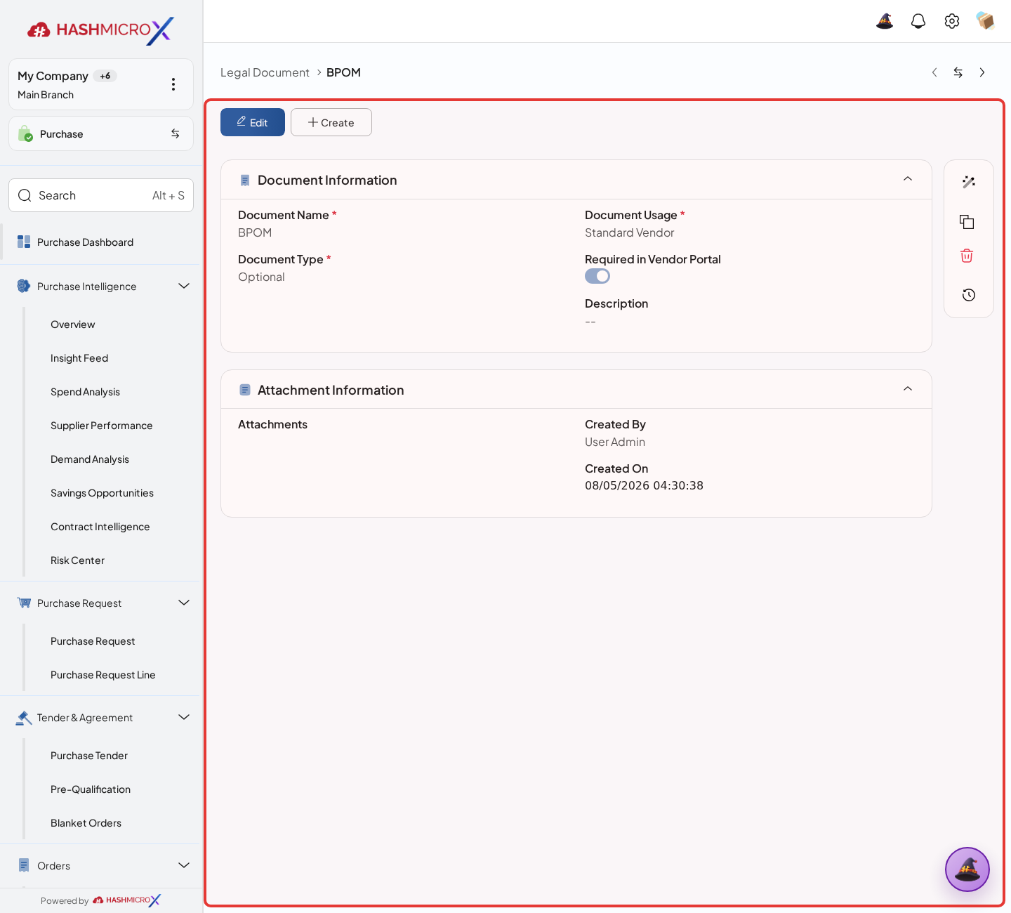 Figure 2.2.4 — HMX Main: Legal Document usage type, blocking rules, and attachment settings framed in red