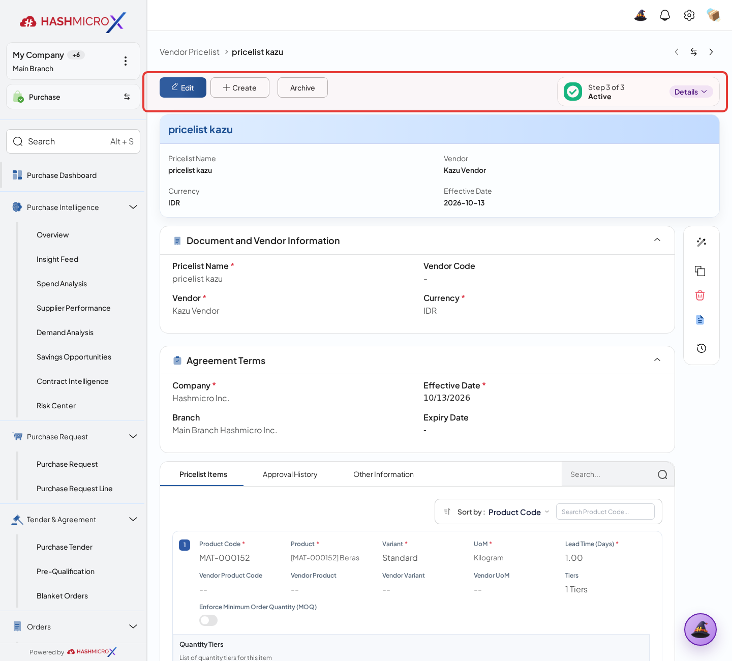 Figure 2.3.5 — HMX Main: Pricelist statusbar workflow state and deactivation actions framed in red