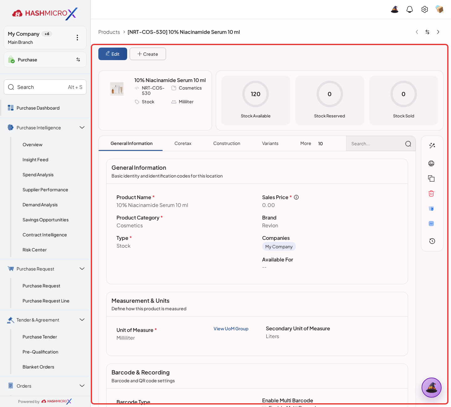 Figure 2.6.2 — HMX Main: Product purchase tab, category, and UOM specifications framed in red