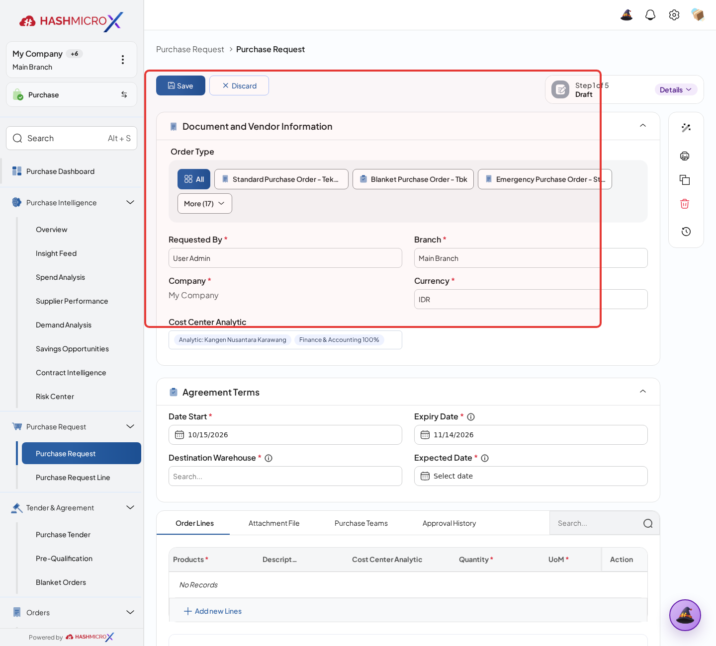 Figure 3.1.1 — HMX Main: Create Purchase Request parameters and warehouse selection framed in red