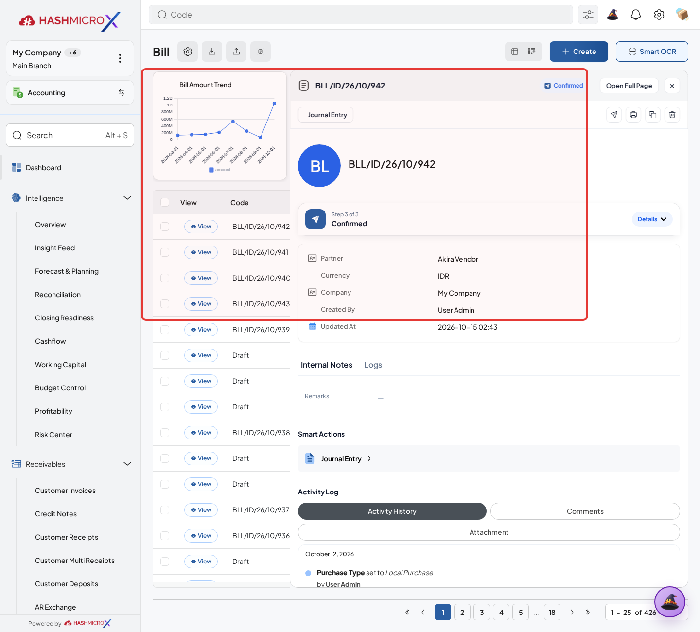 Figure 3.10.2.2 — HMX Main: Create Bill wizard Bill Type = Down Payment selection framed in red