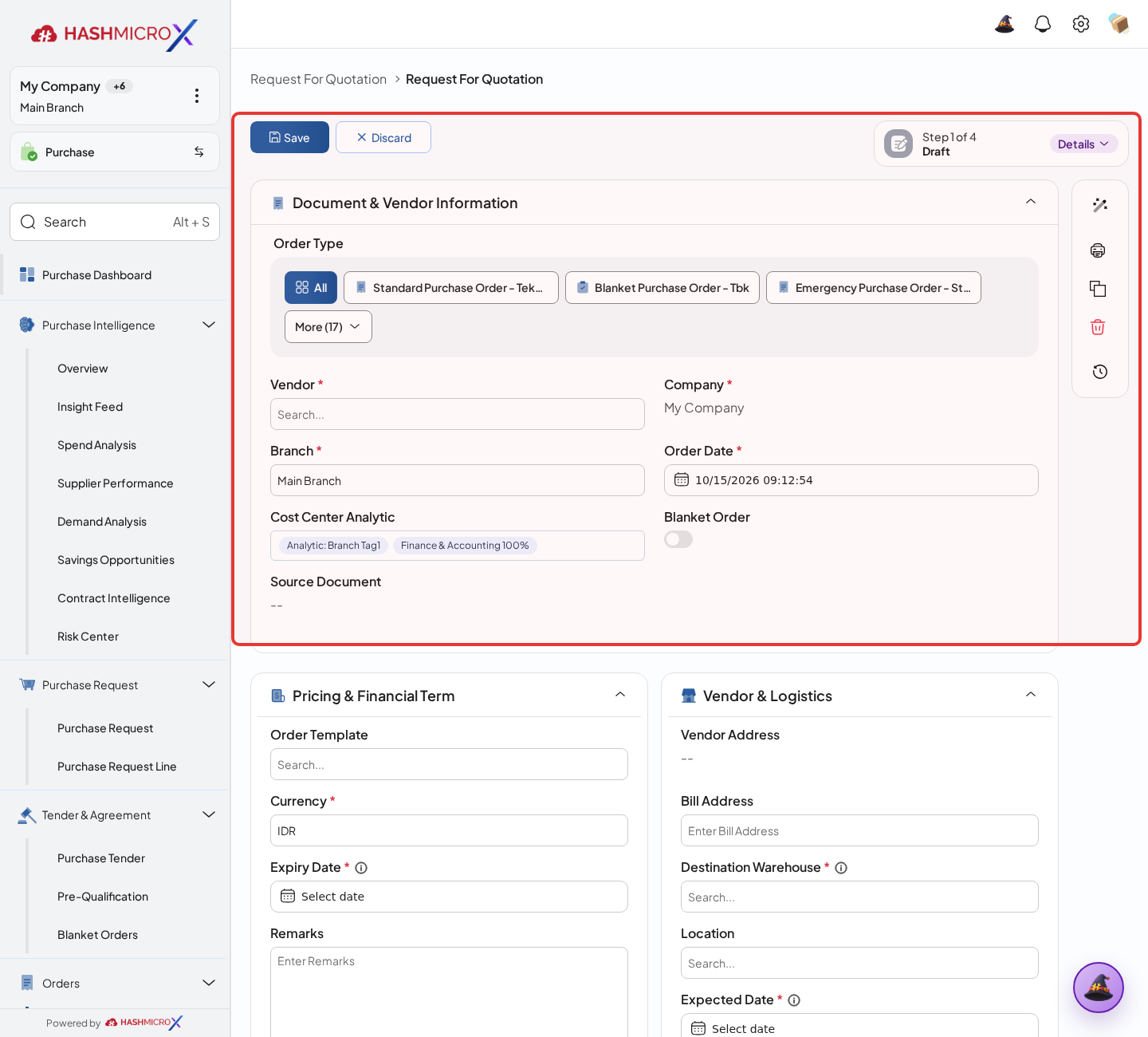 Figure 3.4.1.1 — HMX Main: Send RFQ action button and mail communication header framed in red