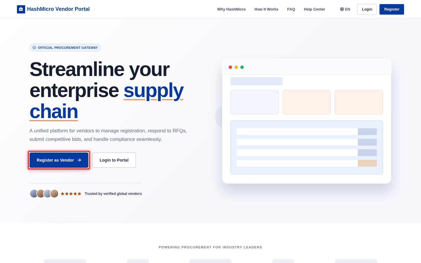 Figure 1.1 — HMX Vendor Portal: Landing page dan tombol akses registrasi serta login ber-border merah