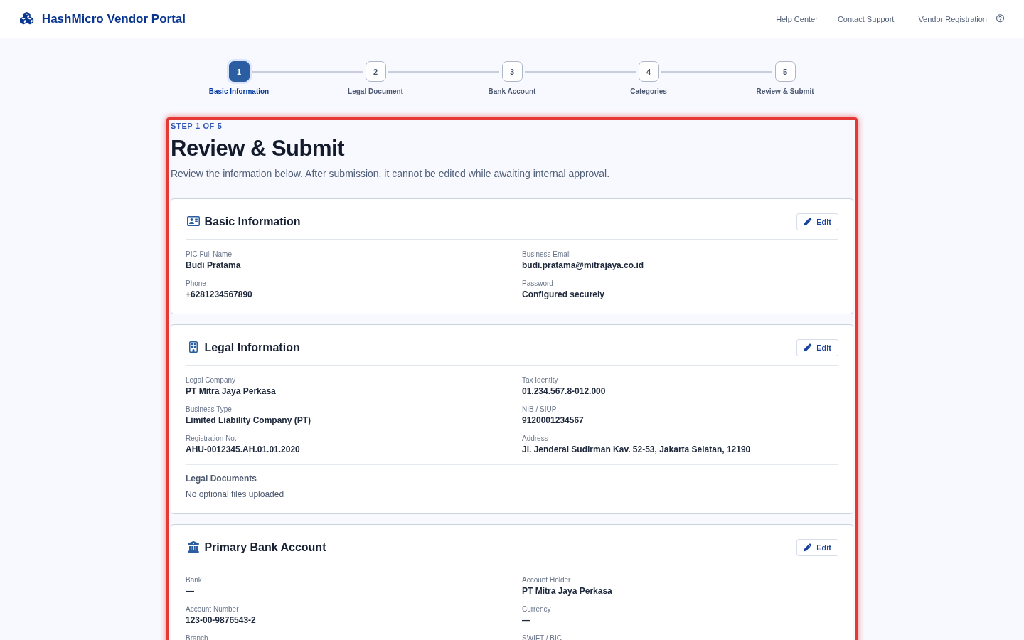 Figure 2.2 — HMX Vendor Portal: Wizard Langkah 1 Informasi Dasar Perusahaan ber-border merah