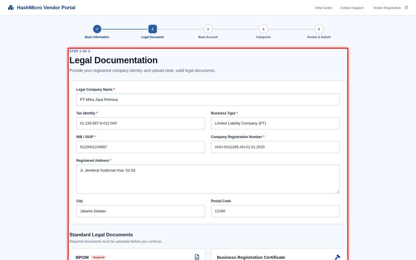 Figure 2.3 — HMX Vendor Portal: Wizard Langkah 2 Berkas Legalitas & Pajak ber-border merah