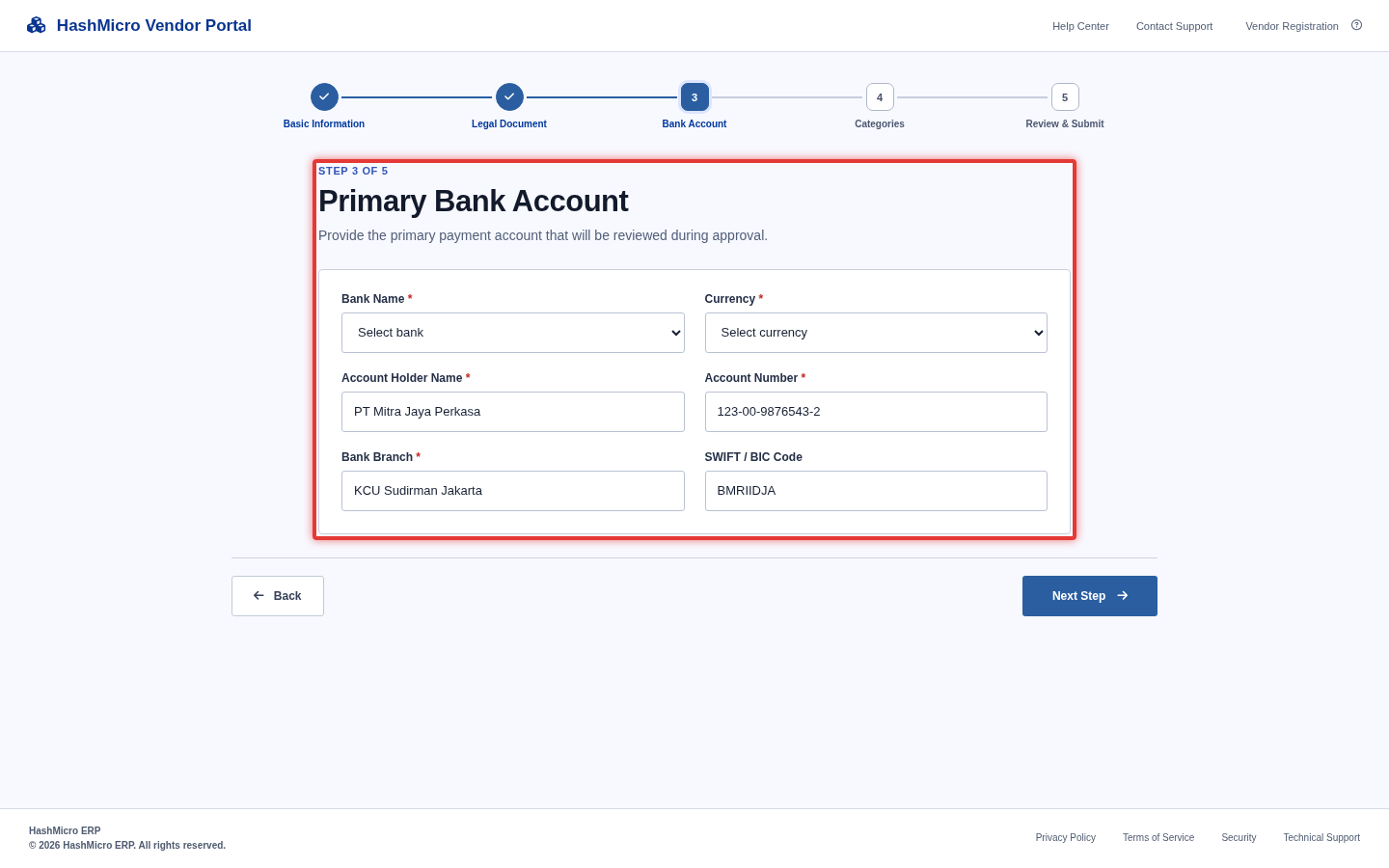 Figure 2.4 — HMX Vendor Portal: Wizard Langkah 3 Data Rekening Bank & Mata Uang ber-border merah