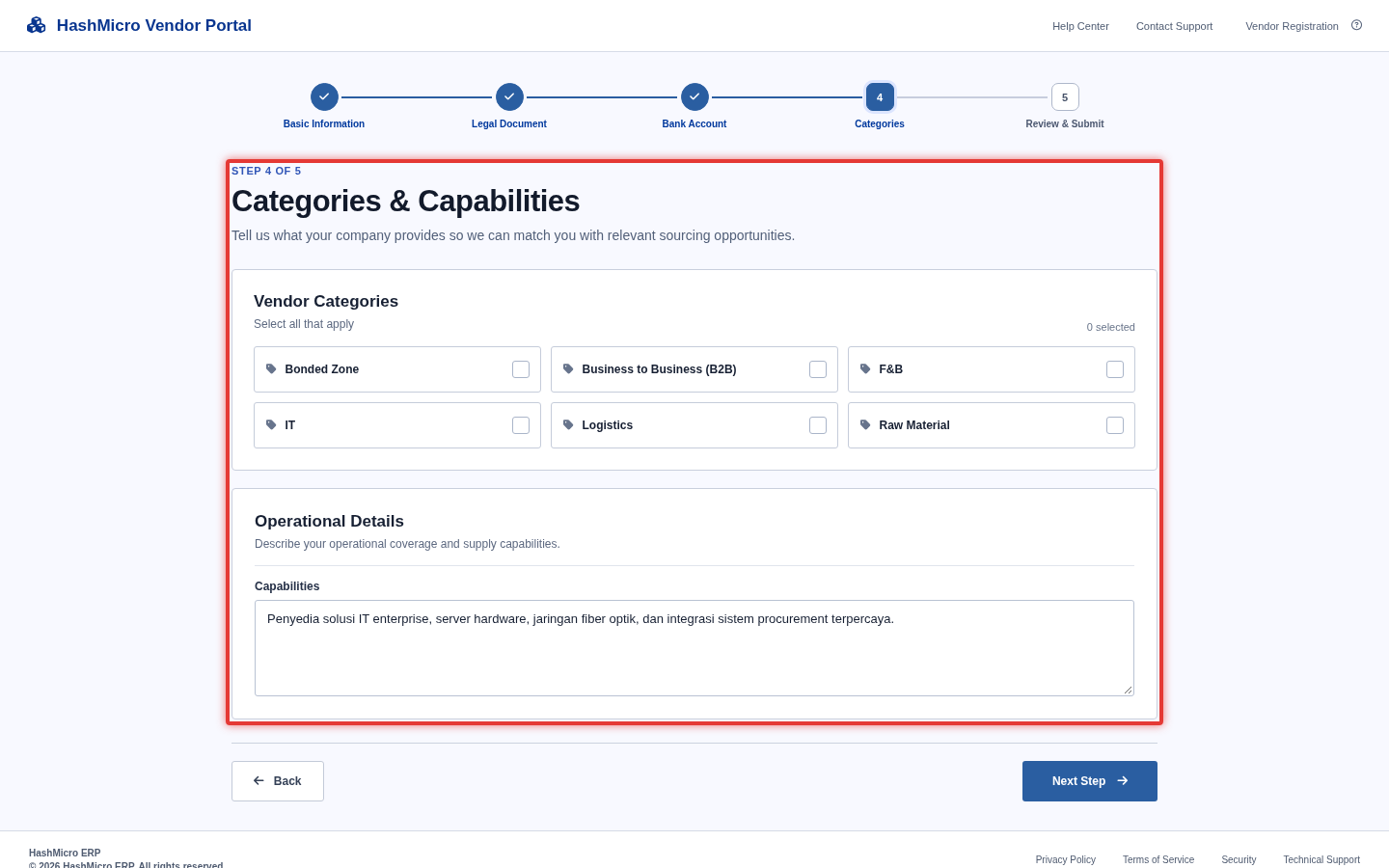 Figure 2.5 — HMX Vendor Portal: Wizard Langkah 4 Pemilihan Kategori Pengadaan & Portofolio ber-border merah