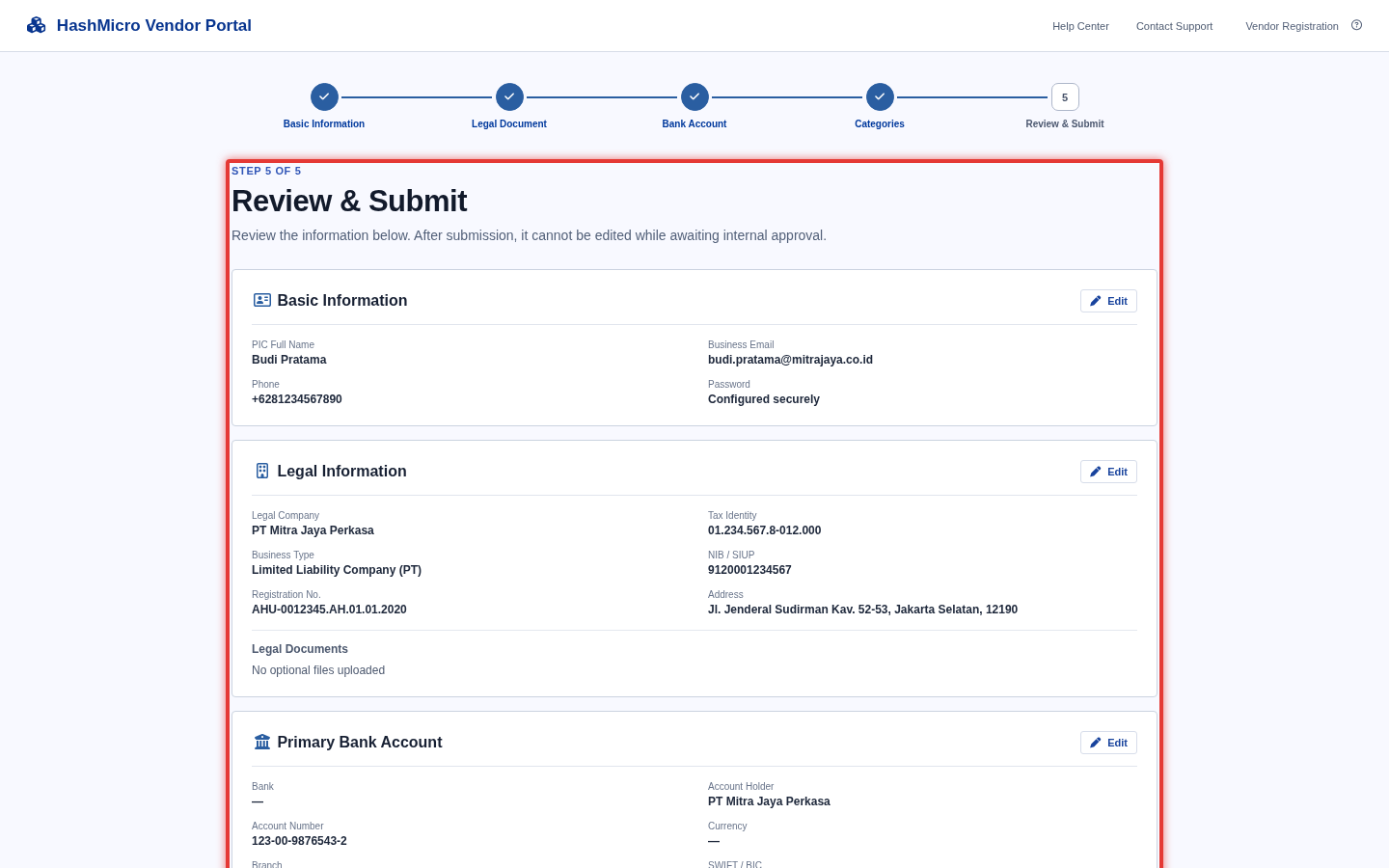 Figure 2.6 — HMX Vendor Portal: Wizard Langkah 5 Unggah Sertifikasi Tambahan ber-border merah