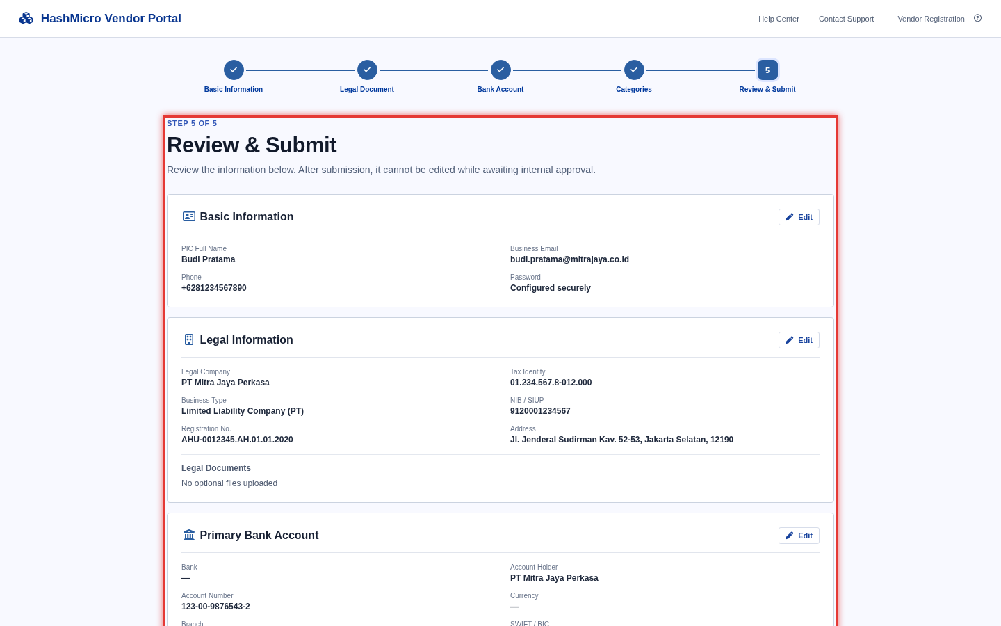 Figure 2.7 — HMX Vendor Portal: Wizard Langkah 6 Tinjauan Akhir & Deklarasi Pengajuan ber-border merah