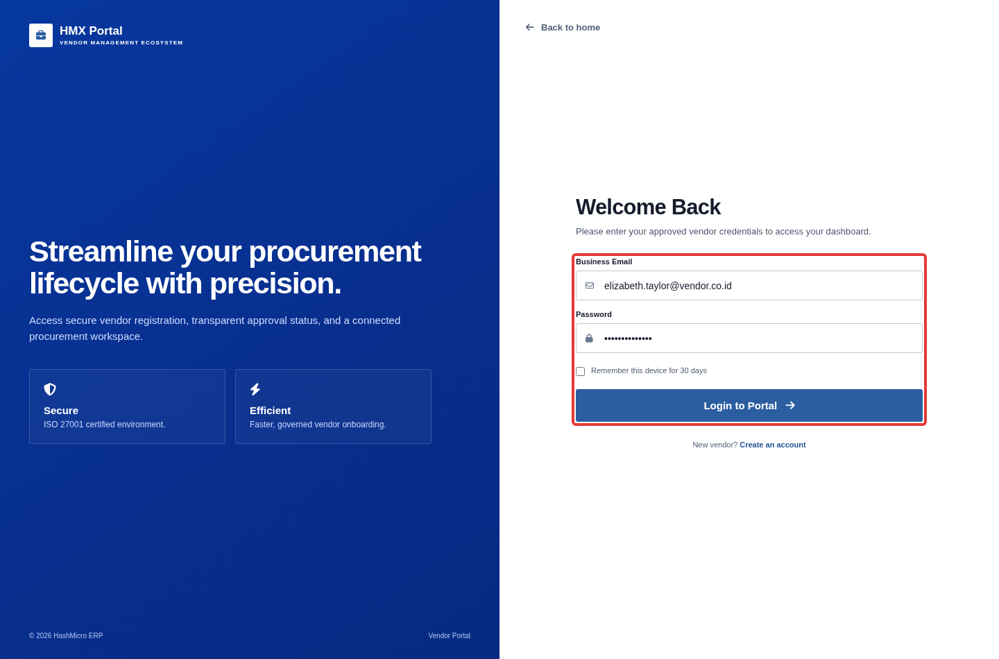 Figure 3.1 — HMX Vendor Portal: Modal login email bisnis dan kata sandi ber-border merah