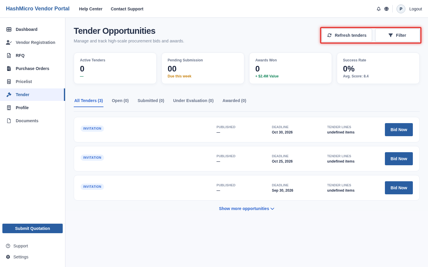 Figure 5.1 — HMX Vendor Portal: Daftar peluang tender terbuka dengan filter status ber-border merah