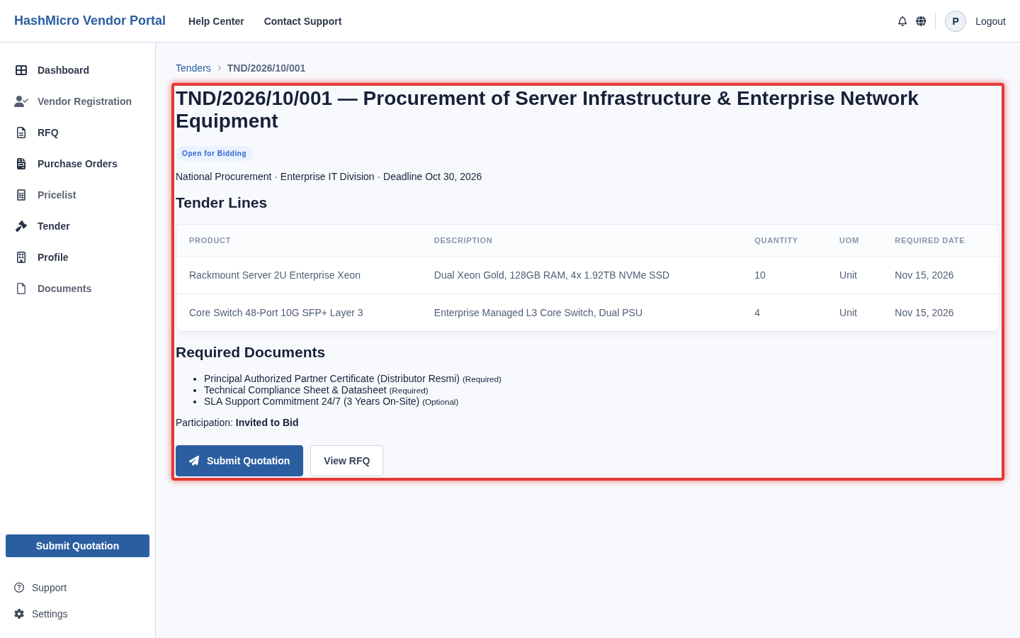 Figure 5.2 — HMX Vendor Portal: Lembar detail spesifikasi barang tender dan tombol aksi Submit Quotation ber-border merah