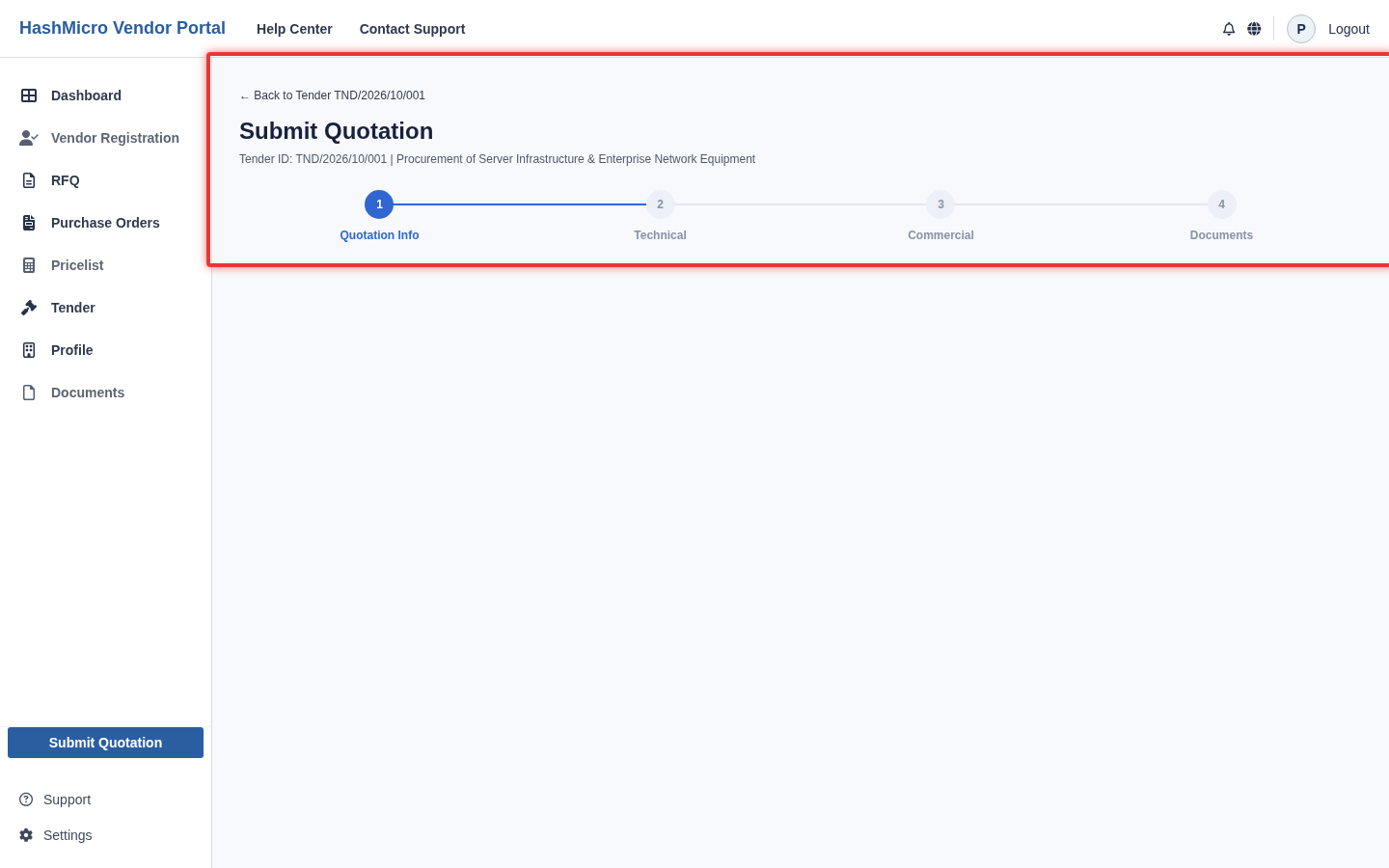 Figure 5.3 — HMX Vendor Portal: Wizard 4 langkah pengajuan penawaran harga komersial tender ber-border merah