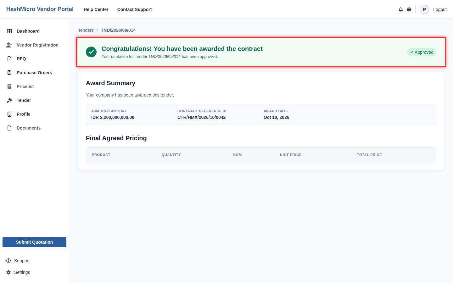 Figure 5.4 — HMX Vendor Portal: Konfirmasi pengumuman pemenang tender dan rincian alokasi kontrak ber-border merah