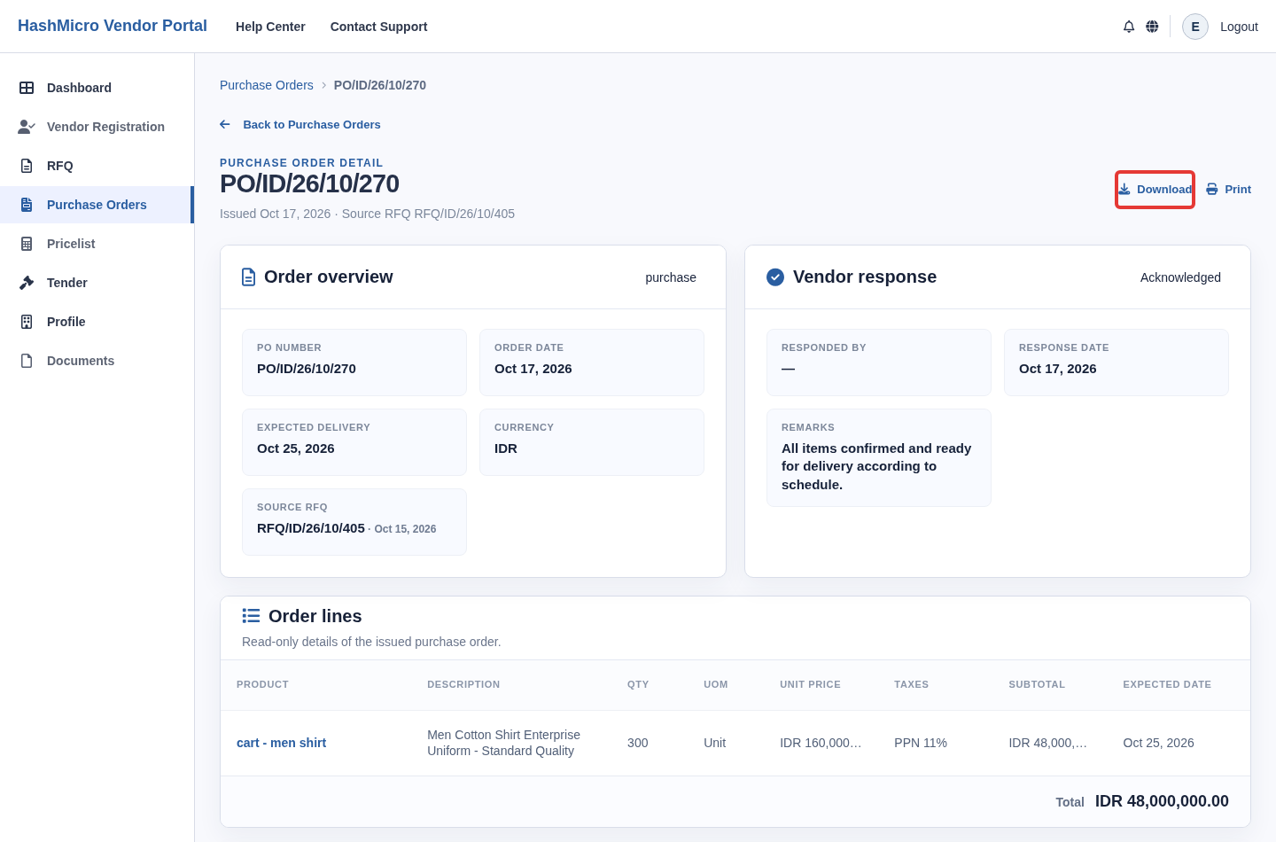 Figure 7.2 — HMX Vendor Portal: Tombol aksi konfirmasi komitmen pesanan dan unduh PDF resmi ber-border merah